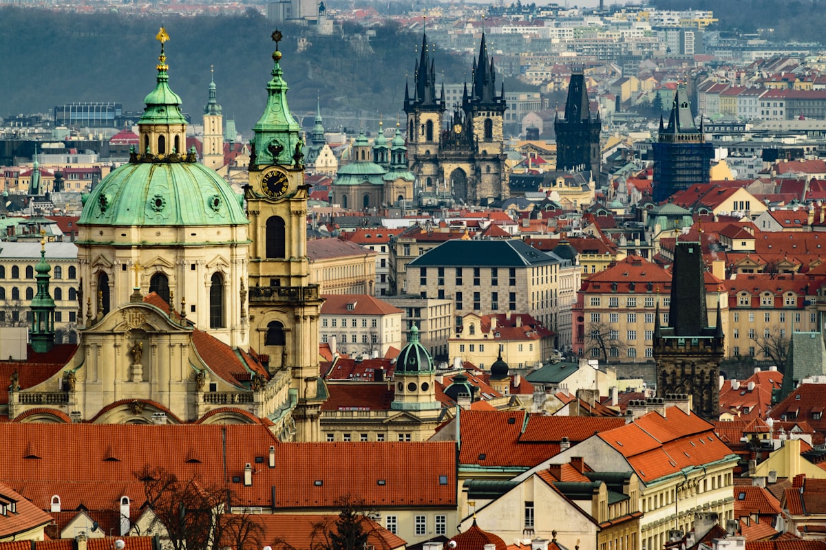 Prague cityscape with historic towers
