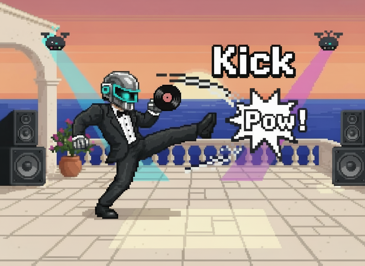 Kick Pow Productions - DJ in tuxedo with retro pixel art style performing a kick on a dance floor with speakers and colorful lights